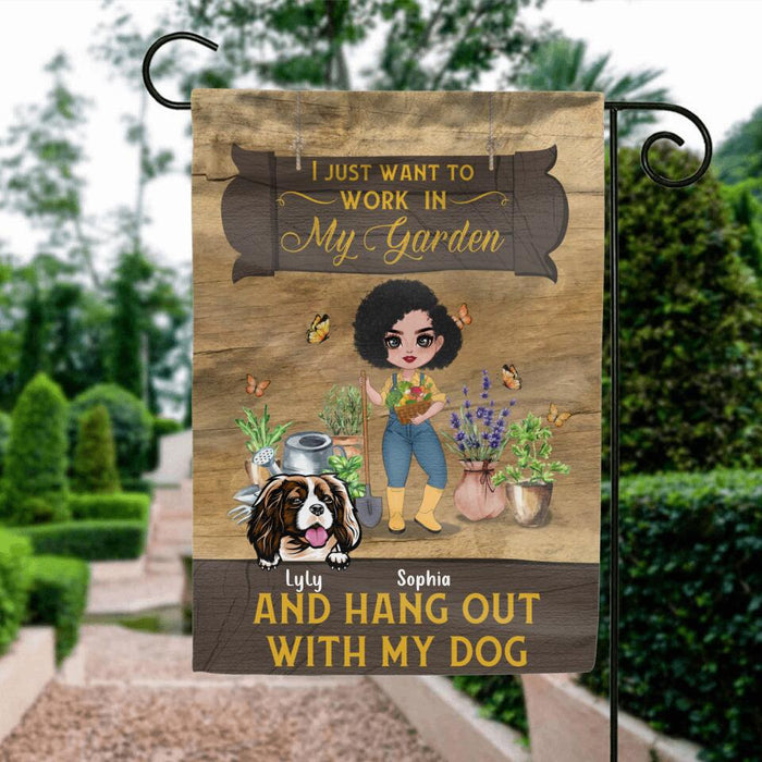 Personalized Gardening Girl Flag Sign - Gift Idea For Gardening Lover/ Dog Lover with up to 6 Dogs - I Just Want To Work In My Garden and Hang Out With My Dog