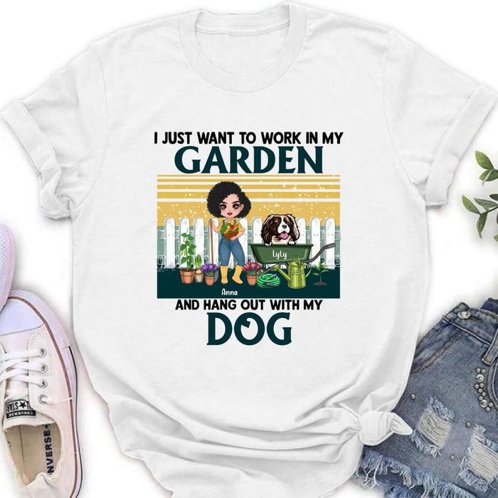 Personalized Gardening Girl Shirt/ Hoodie - Gift Idea For Gardening Lover/ Dog Lover with up to 6 Dogs - I Just Want To Work In My Garden and Hang Out With My Dog