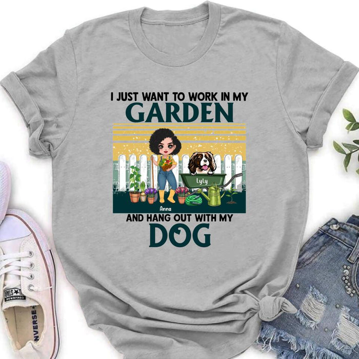 Personalized Gardening Girl Shirt/ Hoodie - Gift Idea For Gardening Lover/ Dog Lover with up to 6 Dogs - I Just Want To Work In My Garden and Hang Out With My Dog