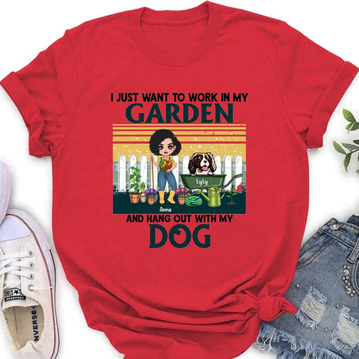 Personalized Gardening Girl Shirt/ Hoodie - Gift Idea For Gardening Lover/ Dog Lover with up to 6 Dogs - I Just Want To Work In My Garden and Hang Out With My Dog