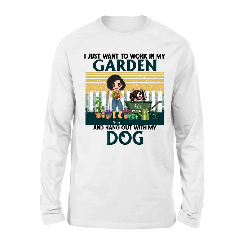 Personalized Gardening Girl Shirt/ Hoodie - Gift Idea For Gardening Lover/ Dog Lover with up to 6 Dogs - I Just Want To Work In My Garden and Hang Out With My Dog