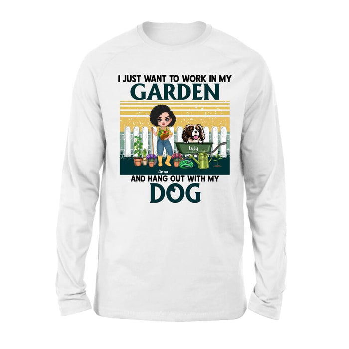 Personalized Gardening Girl Shirt/ Hoodie - Gift Idea For Gardening Lover/ Dog Lover with up to 6 Dogs - I Just Want To Work In My Garden and Hang Out With My Dog