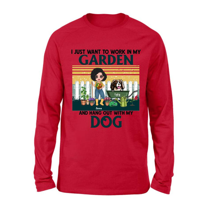 Personalized Gardening Girl Shirt/ Hoodie - Gift Idea For Gardening Lover/ Dog Lover with up to 6 Dogs - I Just Want To Work In My Garden and Hang Out With My Dog