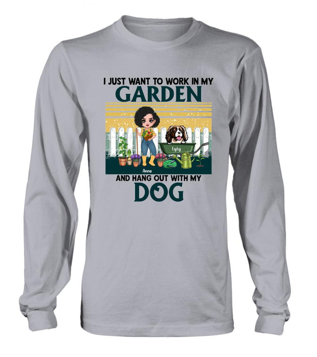 Personalized Gardening Girl Shirt/ Hoodie - Gift Idea For Gardening Lover/ Dog Lover with up to 6 Dogs - I Just Want To Work In My Garden and Hang Out With My Dog