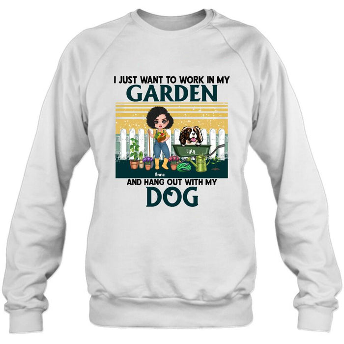 Personalized Gardening Girl Shirt/ Hoodie - Gift Idea For Gardening Lover/ Dog Lover with up to 6 Dogs - I Just Want To Work In My Garden and Hang Out With My Dog