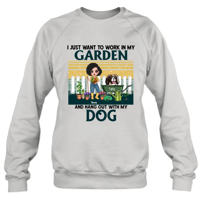 Personalized Gardening Girl Shirt/ Hoodie - Gift Idea For Gardening Lover/ Dog Lover with up to 6 Dogs - I Just Want To Work In My Garden and Hang Out With My Dog