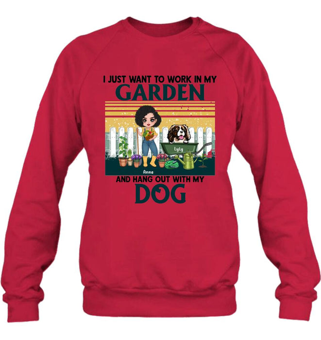 Personalized Gardening Girl Shirt/ Hoodie - Gift Idea For Gardening Lover/ Dog Lover with up to 6 Dogs - I Just Want To Work In My Garden and Hang Out With My Dog