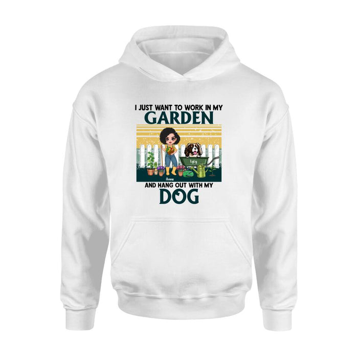 Personalized Gardening Girl Shirt/ Hoodie - Gift Idea For Gardening Lover/ Dog Lover with up to 6 Dogs - I Just Want To Work In My Garden and Hang Out With My Dog