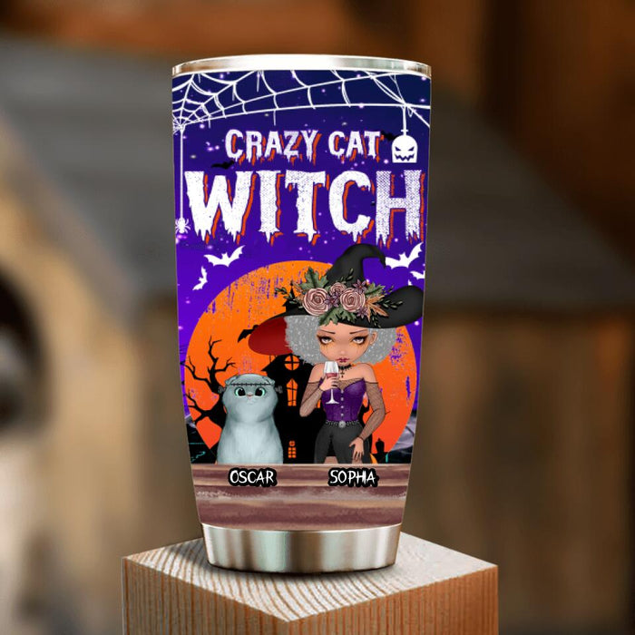 Custom Personalized Crazy Cat Witch Tumbler - Upto 4 Cats - Halloween Gift Idea For Cat Lovers