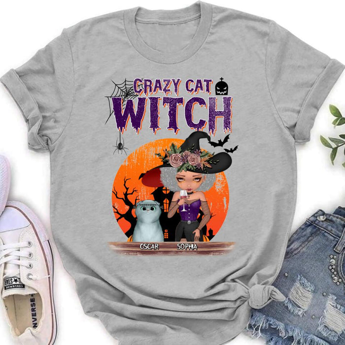 Custom Personalized Crazy Cat Witch T-Shirt - Upto 4 Cats - Halloween Gift Idea For Cat Lovers