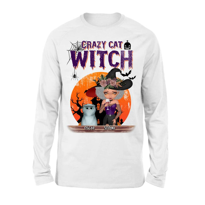 Custom Personalized Crazy Cat Witch T-Shirt - Upto 4 Cats - Halloween Gift Idea For Cat Lovers