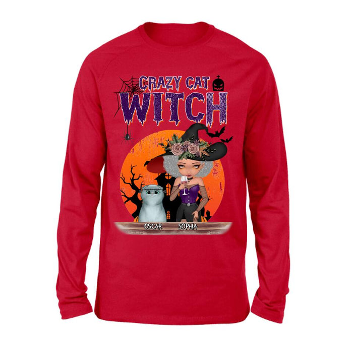 Custom Personalized Crazy Cat Witch T-Shirt - Upto 4 Cats - Halloween Gift Idea For Cat Lovers