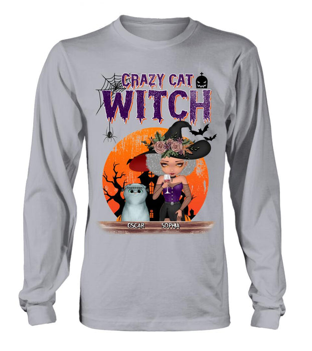 Custom Personalized Crazy Cat Witch T-Shirt - Upto 4 Cats - Halloween Gift Idea For Cat Lovers