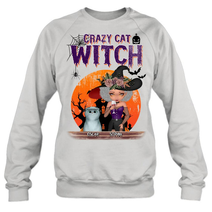 Custom Personalized Crazy Cat Witch T-Shirt - Upto 4 Cats - Halloween Gift Idea For Cat Lovers