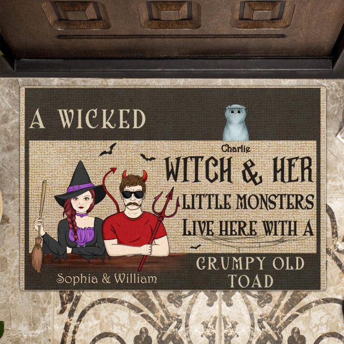 Custom Personalized Couple Halloween Doormat - Upto 5 Pets - Halloween Gift Idea For Couple/Dog/ Cat Lover - A Wicked Witch & Her Little Monsters Live Here With A Grumpy Old Toad