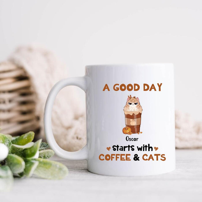 Custom Personalized Cat Mom & Coffee Mug - Gift Idea For Cat Lover - Up To 5 Cats - A Good Day Starts With Coffee & Cats