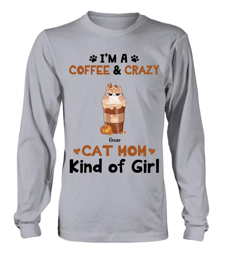Personalized Cat Mom & Coffee Shirt - Gift Idea For Cat Lover - Up To 5 Cats - I'm A Coffee & Crazy Cat Mom Kind Of Girl