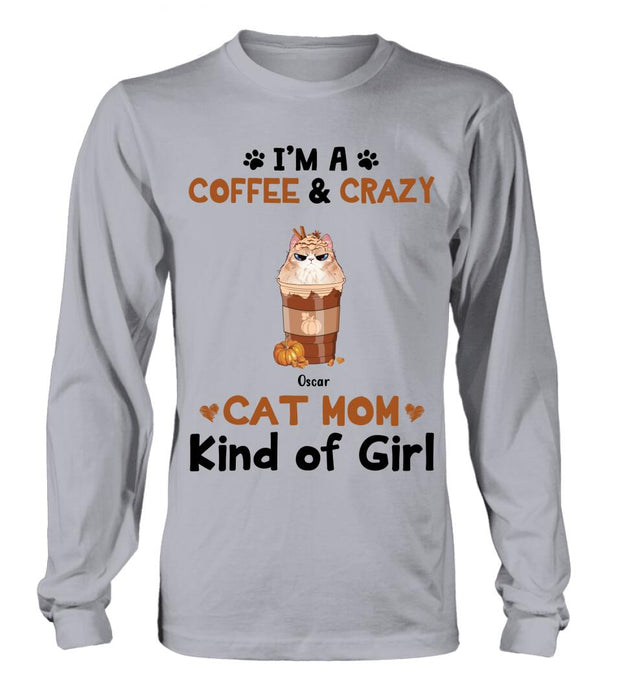 Custom Personalized Cat Mom & Coffee Shirt - Gift Idea For Cat Lover - Up To 5 Cats - I'm A Coffee & Crazy Cat Mom Kind Of Girl