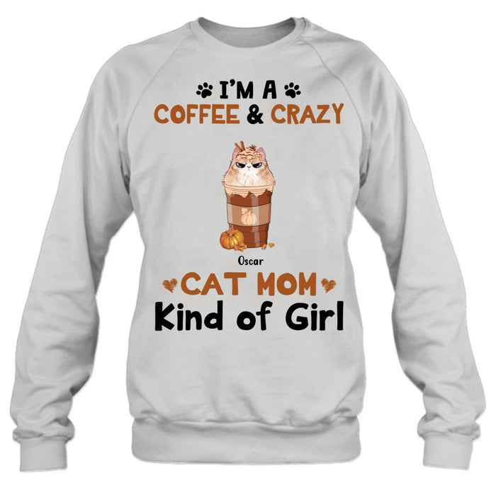 Custom Personalized Cat Mom & Coffee Shirt - Gift Idea For Cat Lover - Up To 5 Cats - I'm A Coffee & Crazy Cat Mom Kind Of Girl