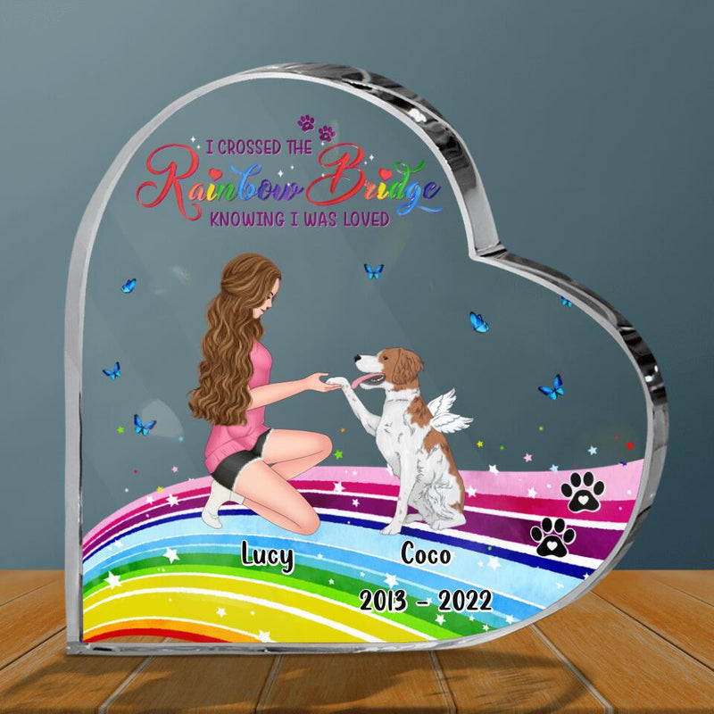 Personalized Girl & Dog Crystal Heart - Memorial Gift Idea For Dog Owner - I Crossed The Rainbow Bridge Knowing I Was Loved