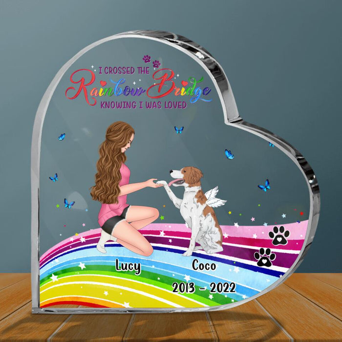 Custom Personalized Girl & Dog Crystal Heart - Memorial Gift Idea For Dog Owner - I Crossed The Rainbow Bridge Knowing I Was Loved