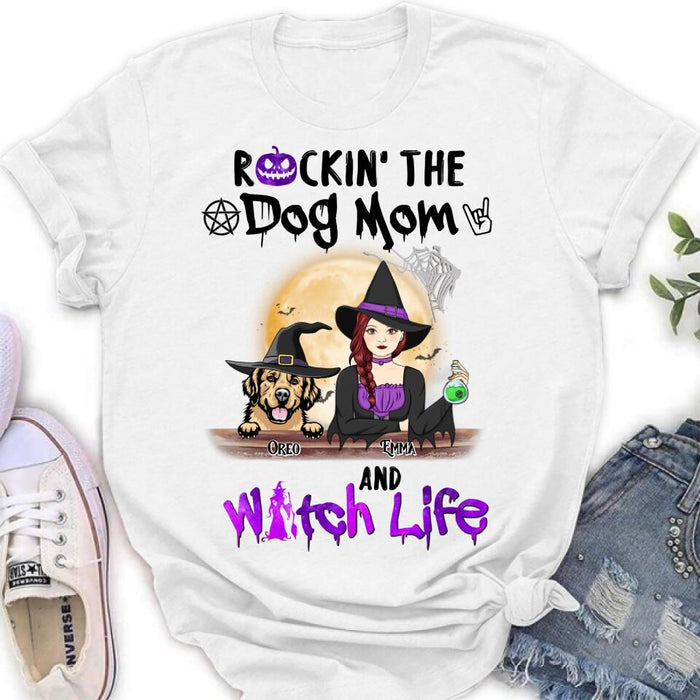 Custom Personalized Pet Witch Shirt/ Hoodie - Up to 4 Pets - Halloween Gift For Dog/ Cat Lover - Rockin' The Dog Mom & Witch Life