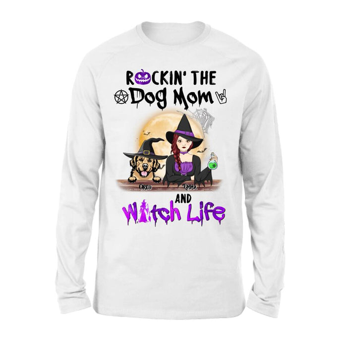 Custom Personalized Pet Witch Shirt/ Hoodie - Up to 4 Pets - Halloween Gift For Dog/ Cat Lover - Rockin' The Dog Mom & Witch Life