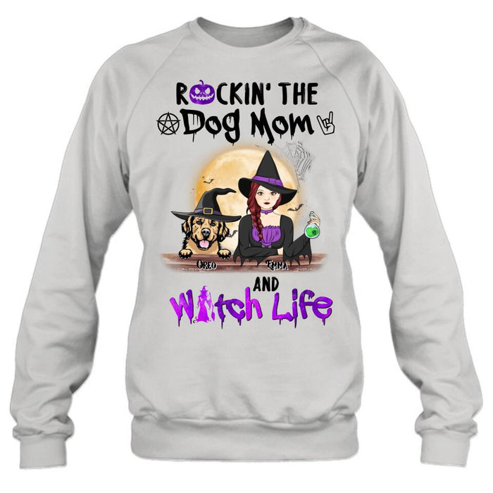 Custom Personalized Pet Witch Shirt/ Hoodie - Up to 4 Pets - Halloween Gift For Dog/ Cat Lover - Rockin' The Dog Mom & Witch Life