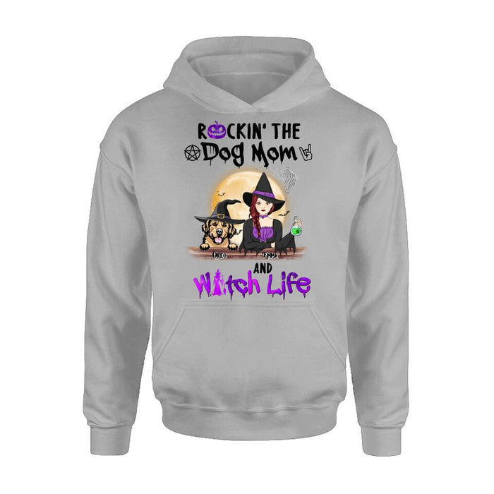 Custom Personalized Pet Witch Shirt/ Hoodie - Up to 4 Pets - Halloween Gift For Dog/ Cat Lover - Rockin' The Dog Mom & Witch Life