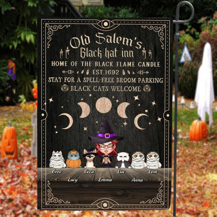 Custom Personalized Halloween Cat Mom Flag Sign - Up to 6 Cats - Halloween Gift For Cat Lovers/Wiccan Decor/Pagan Decor - Old Salem's Black Hat Inn Home of The Black Flame Candle est.1692