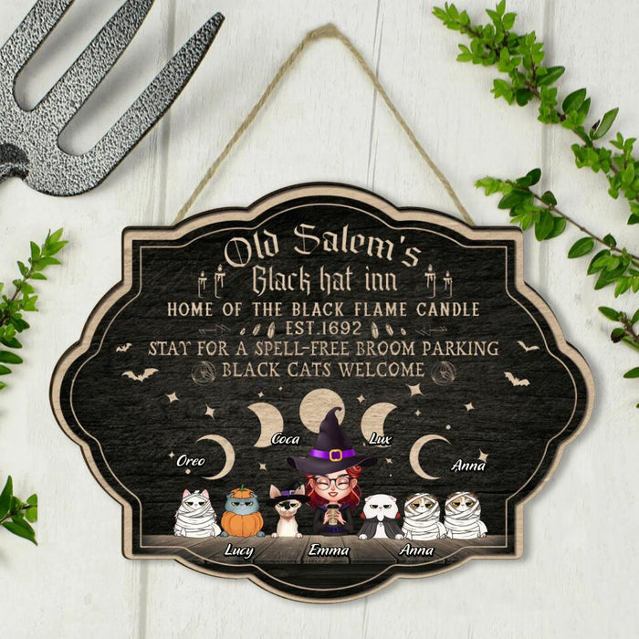 Custom Personalized Halloween Cat Mom Wooden Sign - Upto 6 Cats - Halloween Gift For Cat Lovers/Wiccan Decor/Pagan Decor - Old Salem's Black Hat Inn Home of The Black Flame Candle est.1692