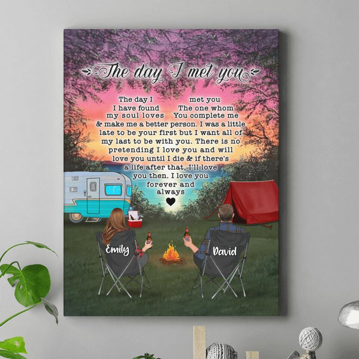 Custom Personalized Camping Couple Canvas - Couple/ Parents With Upto 3 Kids And 4 Pets - Gift Idea For Camping Lover - The Day I Met You