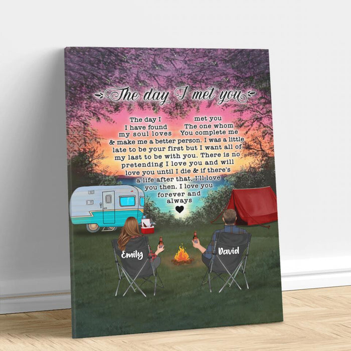 Custom Personalized Camping Couple Canvas - Couple/ Parents With Upto 3 Kids And 4 Pets - Gift Idea For Camping Lover - The Day I Met You