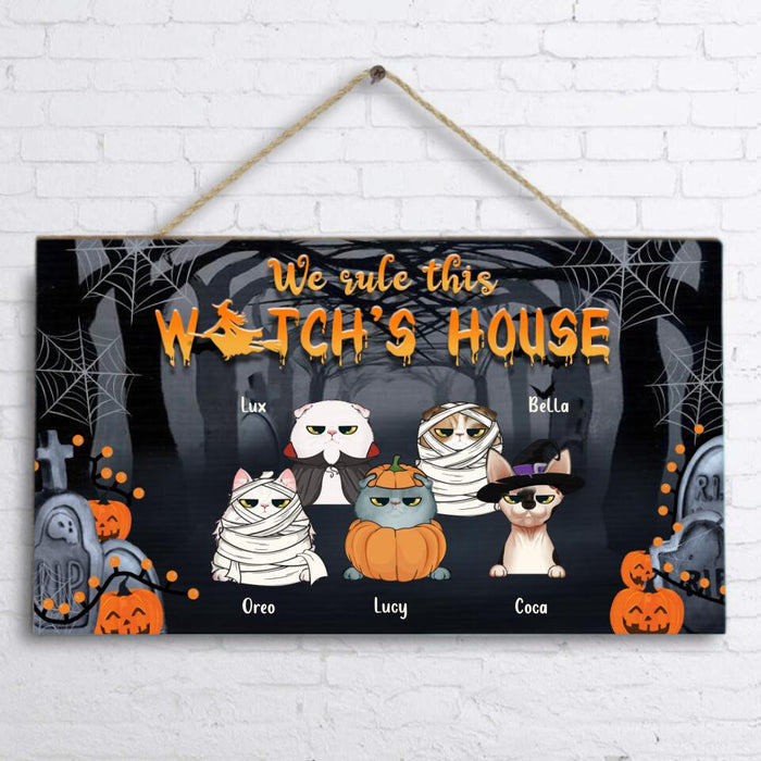 Custom Personalized Halloween Wooden Sign - Gift Idea For Halloween/ Cat Owner with up to 5 Cats - We Rule This Witch's House