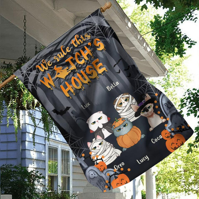 Custom Personalized Halloween Flag Sign - Gift Idea For Halloween/ Cat Owner with up to 5 Cats - We Rule This Witch's House