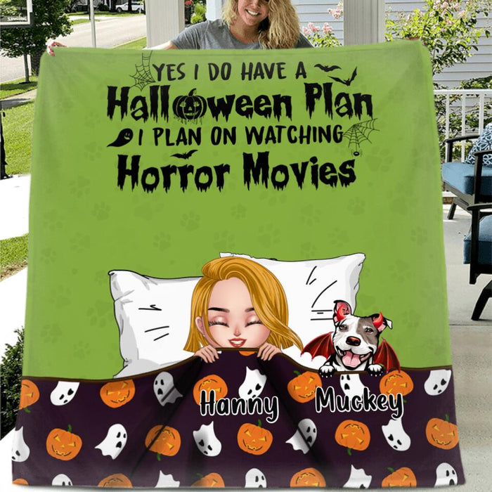 Custom Personalized Sleeping Girl Pillow Cover & Fleece/ Quilt Blanket - Halloween Gift For Girl/ Dog, Cat Lover With Upto Pets - Yes I Do Have A Halloween Plan