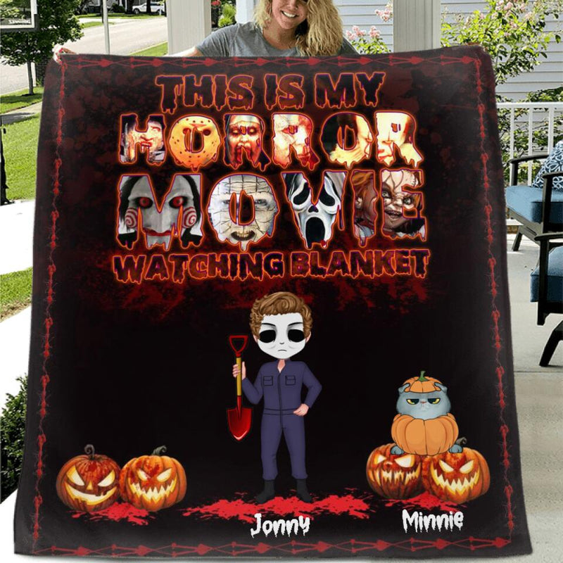 Personalized Horror Movie Quilt/Fleece Blanket - Up to 4 People And 6 Pets - Halloween Gift Idea For Cat/Dog Lovers/Couple/Friends - This Is My Horror Movie Watching Blanket
