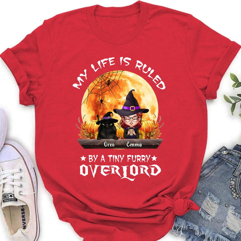 Personalized Cat Witch T-Shirt/Sweatshirt/Hoodie - Up to 5 Cats - Halloween Gift Idea For Cat Lovers - My Life Is Ruled By A Tiny Furry Overlord