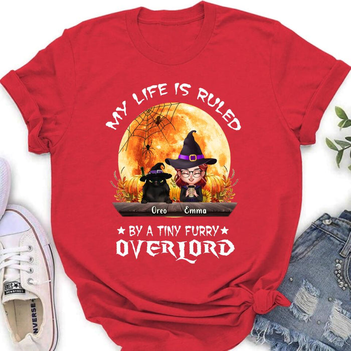 Custom Personalized Cat Witch T-Shirt/ Sweatshirt/ Hoodie - Upto 5 Cats - Halloween Gift Idea For Cat Lovers - My Life Is Ruled By A Tiny Furry Overlord