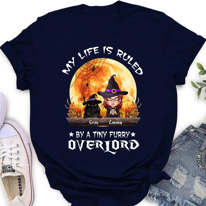 Custom Personalized Cat Witch T-Shirt/ Sweatshirt/ Hoodie - Upto 5 Cats - Halloween Gift Idea For Cat Lovers - My Life Is Ruled By A Tiny Furry Overlord