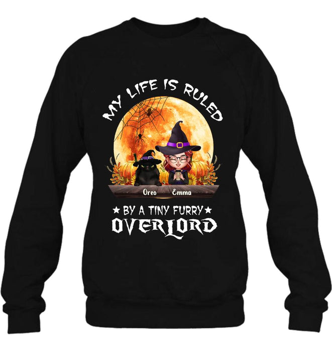 Custom Personalized Cat Witch T-Shirt/ Sweatshirt/ Hoodie - Upto 5 Cats - Halloween Gift Idea For Cat Lovers - My Life Is Ruled By A Tiny Furry Overlord