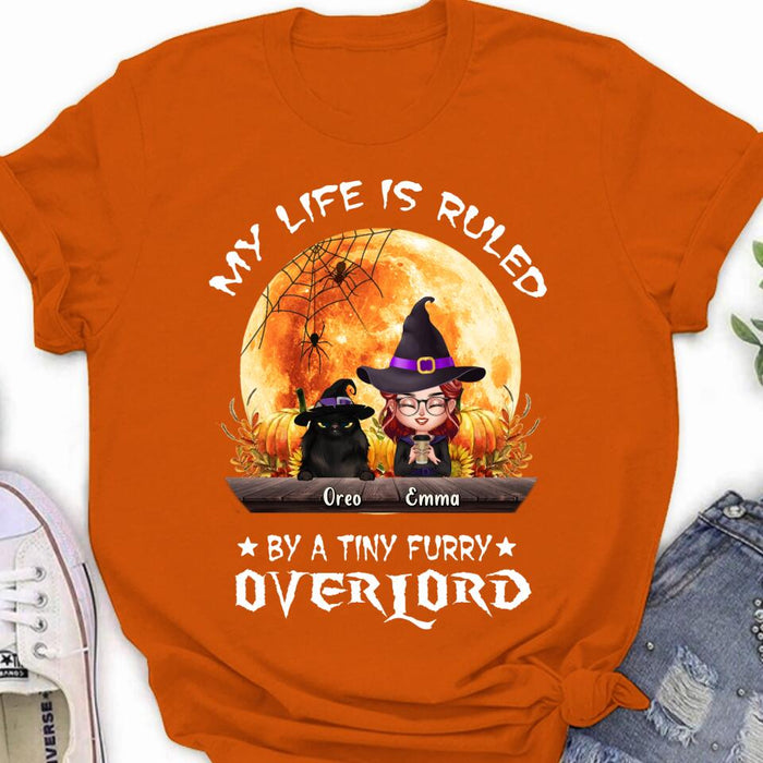 Custom Personalized Cat Witch T-Shirt/ Sweatshirt/ Hoodie - Upto 5 Cats - Halloween Gift Idea For Cat Lovers - My Life Is Ruled By A Tiny Furry Overlord