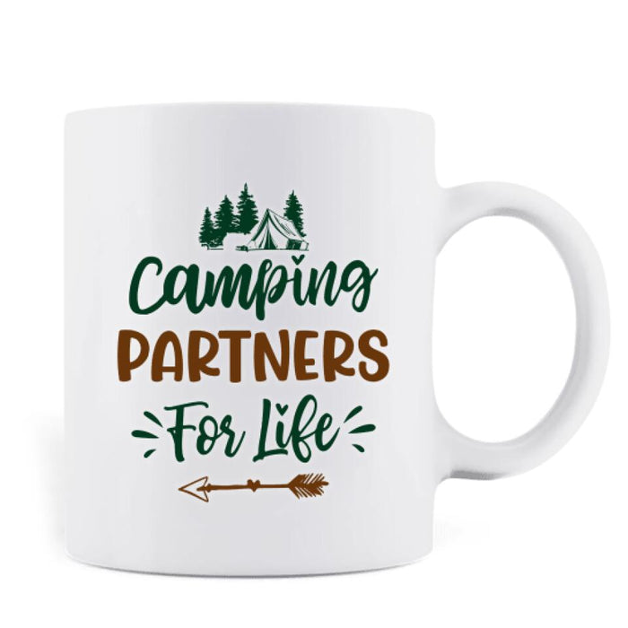 Custom Personalized Camping Couple And Dog Coffee Mug - Couple With Upto 2 Dogs - Valentine's Day Gift Idea For Couple - Camping Partners For Life