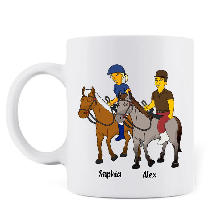 Custom Personalized Horseback Riding Cartoon Portrait From Photo Coffee Mug - Gift Idea For Couple/ Riding Lover - Husband And Wife Riding Partners For Life