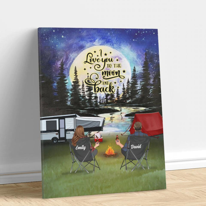 Custom Personalized Camping Moon Canvas - Couple/ Parents With Upto 3 Kids And 4 Pets - Gift Idea For Camping Lover - I Love You To The Moon And Back