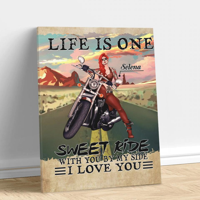 Custom Personalized Biker Girl Vertical Canvas - Best Gift Idea For Biking Lovers - Life Is One Sweet Ride With You By My Side, I Love You