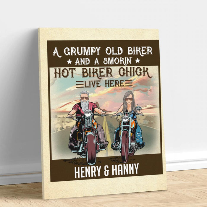 Custom Personalized Couple Biker Vertical Canvas - Gift Idea For Couple - A Grumpy Old Biker And A Smokin' Hot Biker Chick Live Here