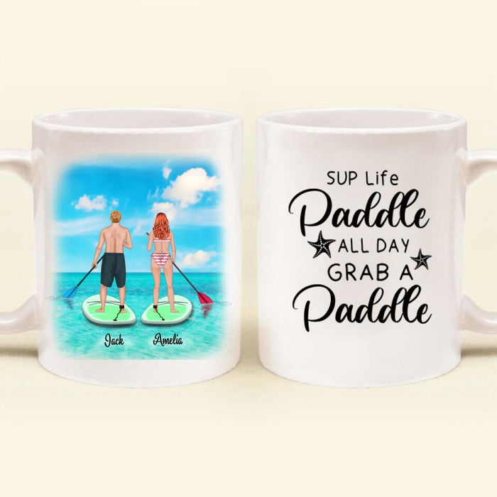 Custom Personalized Stand Up Paddle Boarding Mug - Couple Upto 2 Pets - Gift For The Couple - SUP Life Paddle All Day Grab A Paddle - BWALPG