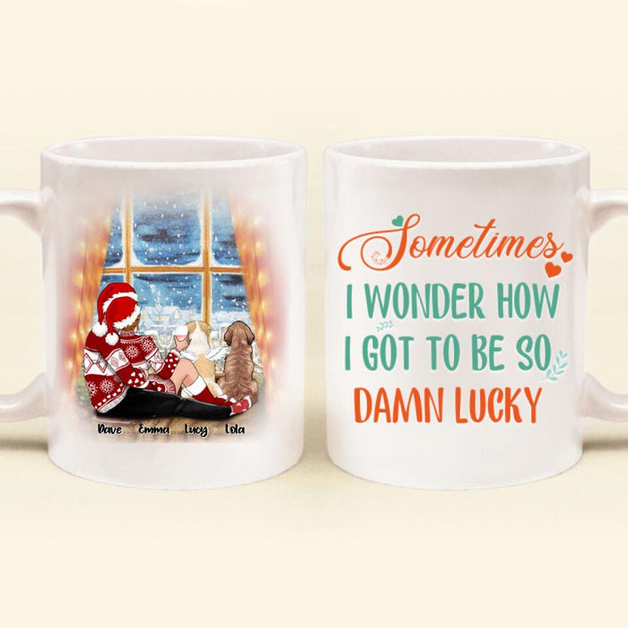 Custom Personalized Hugging Couple Xmas Mug - Couple With Upto 2 Pets - Best Gift For Christmas - 
Sometimes I Wonder How I Got To Be So Damn Lucky - EWFNOK