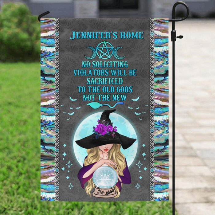 Custom Personalized Witch Flag Sign - Best Gift Idea For Halloween - No Soliciting Violations Will Be Sacrificed To The Old Gods Not The New